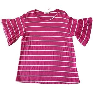 Adora T Shirt Bright Pink Striped Ruffled Sleeves Relaxed Preppy Sz M‎